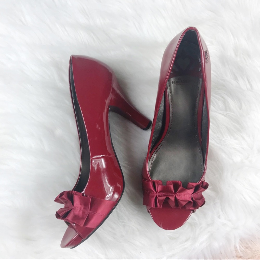 [Fergalicious] Cherry Red Ruffle Open Toe Pumps